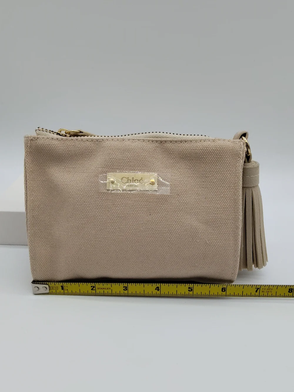 CHLOÉ Parfum Canvas Tassel Cosmetic Pouch Beige Beauty Makeup Bag NIB NWT